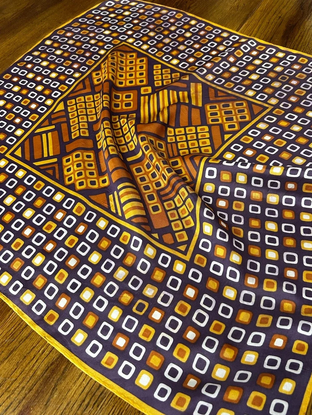 Vintage Mod Geometric Square Scarf Brown Orange Retro Silk Scarf